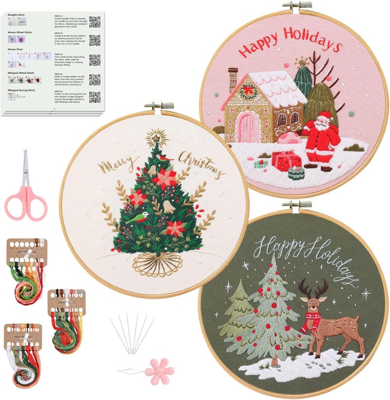 Santune Embroidery Kit - 3pcs Christmas Embroidery Patterns for Beginners with Instructions Cross Stitch Kits for Adults with 1 Embroidery Hoops, Color Threads and Needles, Good Hobbies for Women - Image 1
